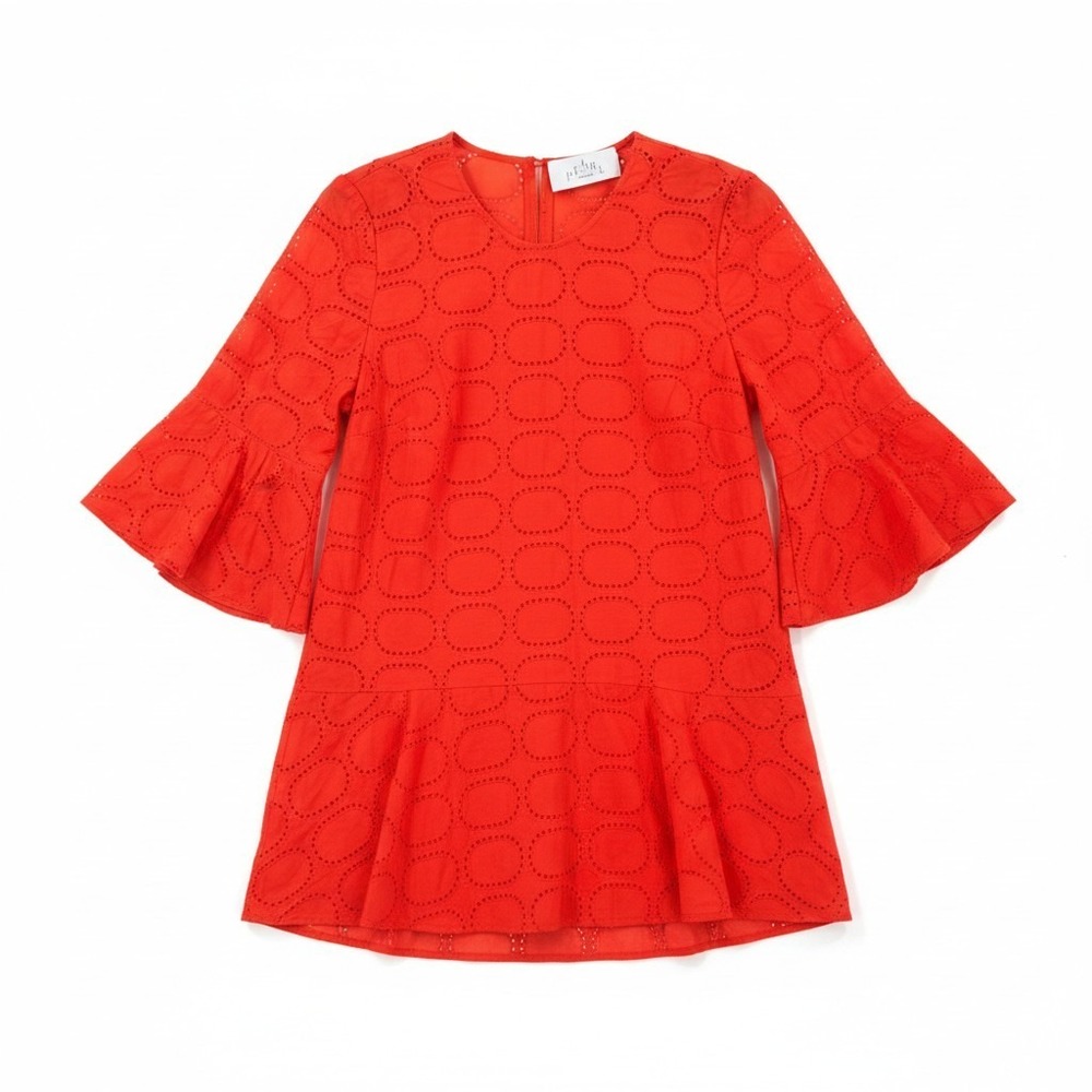 Pearl Lela Rose Eyelet Tunic Top Red Bell Sleeve Keyhole Back Size M‎ Medium